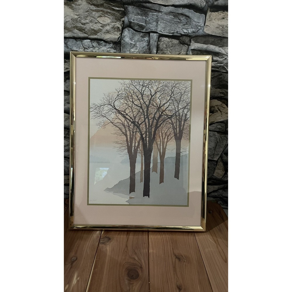 John Sovjani Watercolor Lithograph Trees Mountains Fog